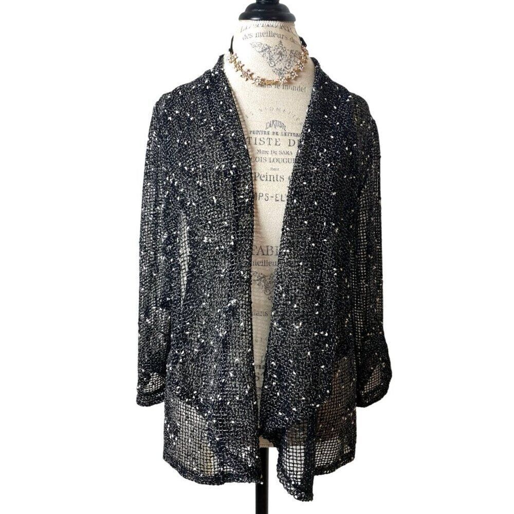 Frazzle Black Open Mesh Open-Front Cardigan M Lace Crochet Button Accents
